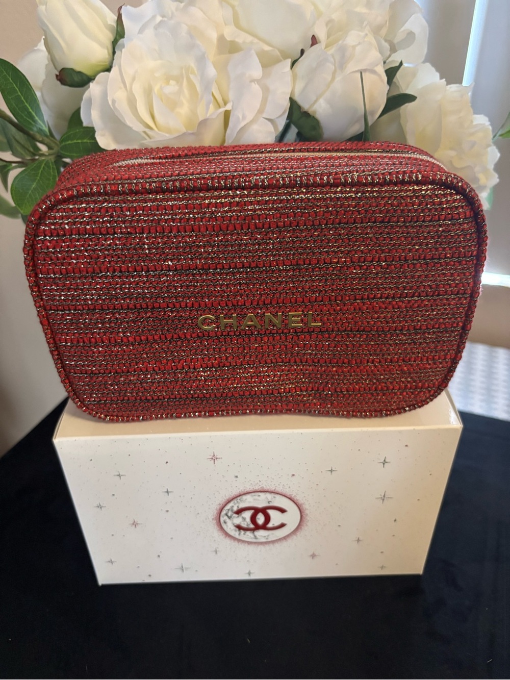 CHANEL Red Tweed Cosmetic Case with Gold Logo